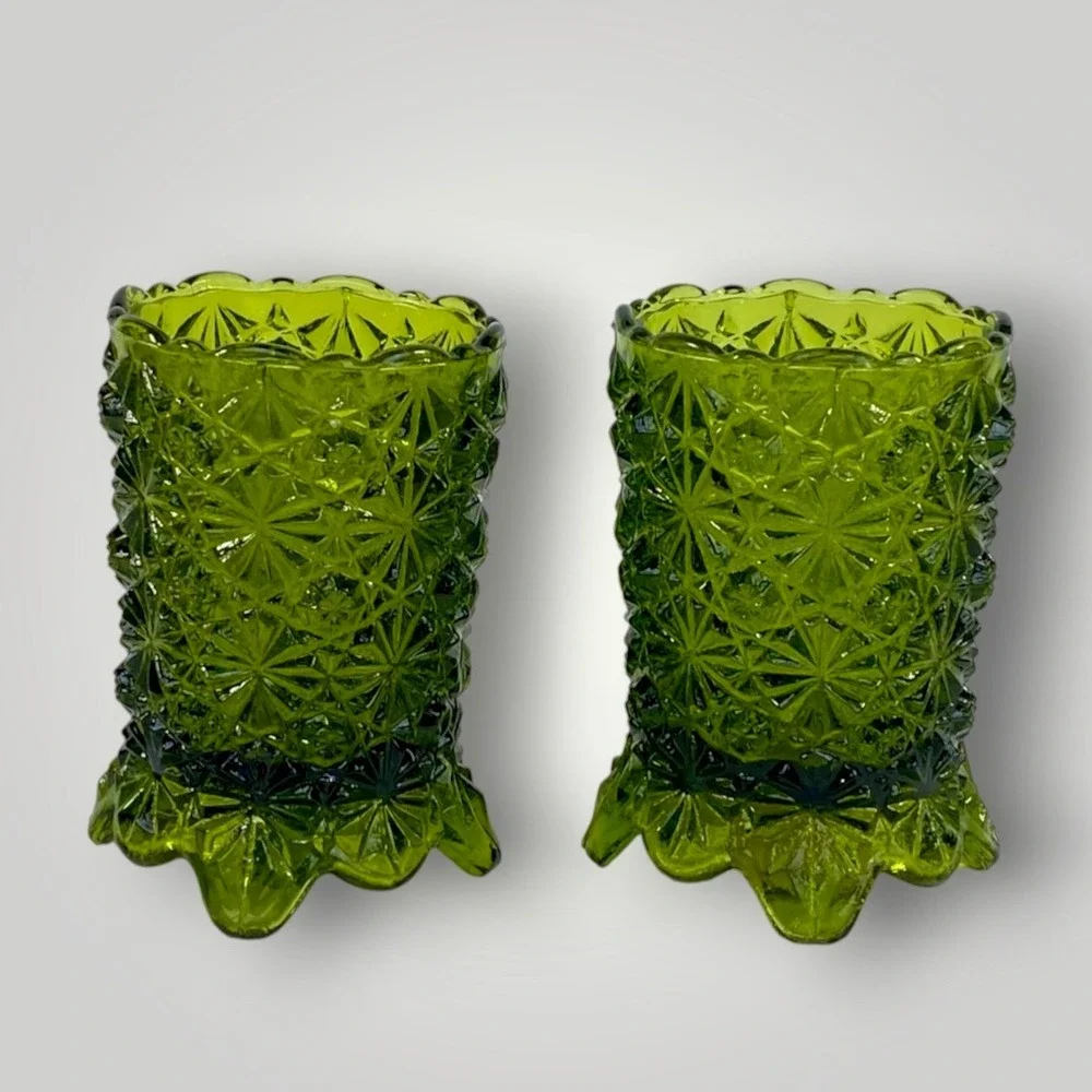 HOMCO Avocado Green Glass Votive Candle Holders Daisy Button Pair 1970s
